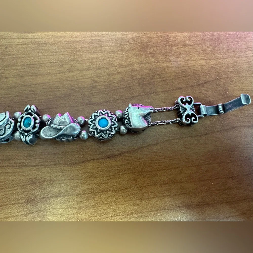VTG Sterling and Turquoise Slider Charm Bracelet Western Themed - Picture 4 of 9